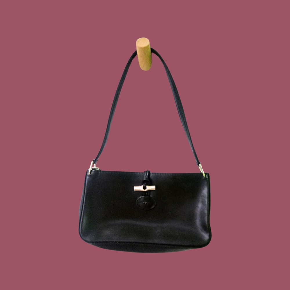 Vintage 90's Longchamp Roseau Black Leather Shoulder Bag!